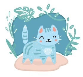 vector cartoon illustration of cute kawaii cat character. cute character style on dark bacground decorated by floral element.