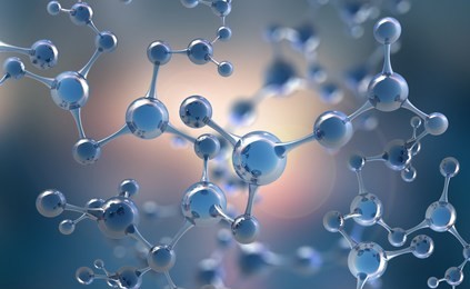 abstract molecule model. scientific research in molecular chemistry. 3d illustration on a blue background