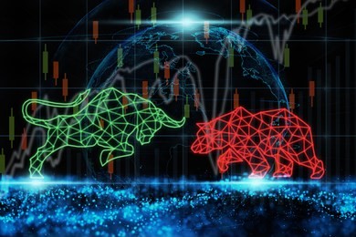 polygonal bull and bear shape writing by lines and dots over the stock market chart with information over particle of earth and wave background, trading and finance investment concept