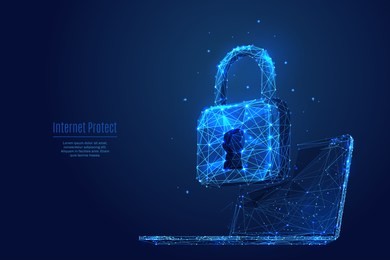 lock on laptop screen. low poly wireframe vector illustration. digital data protect or secure concept. starry sky consisting of points, lines and shapes on dark background. polygonal notebook and lock