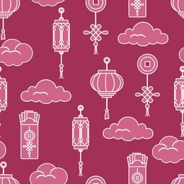 chinese lanterns, chinese money envelopes , coin for good luck, clouds. festive traditions of different countries.