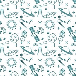 seamless pattern with telescope, ufo, satellite, planets, astronaut, orbital station, sun, stars. space exploration. astronomy. science.