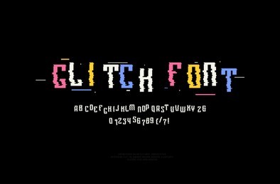 narrow sans serif font with glitch distortion effect. color print on black background