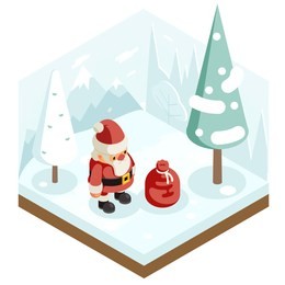 cartoon santa claus grandfather frost gift bag new year christmas forest wood background isometric flat 3d design vector illustration