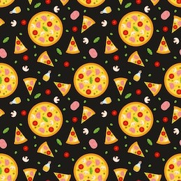 bright vector seamless pattern with pizza, with slices of pizza and ingredients. trendy bright background with pizza. for fabric, wallpapers, wrapping paper, cards and web illustration. option 02