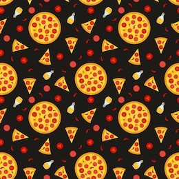 bright vector seamless pattern with pizza, with slices of pizza and ingredients. trendy bright background with pizza. for fabric, wallpapers, wrapping paper, cards and web illustration. option 04