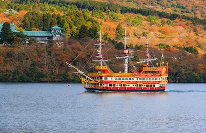 hakone sightseeing cruise (hakone pirate ship) sails on the ashinoko lake for background.