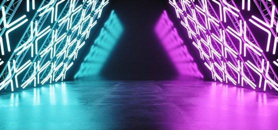 modern futuristic retro sci fi triangle shaped stage constructions with neon glowing purple blue pink cross shaped light tubes empty space background 3d rendering illustration