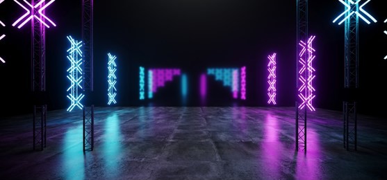 futuristic sci fi modern retro neon glowing cross shaped blue and purple lights on stage construction on black background with grunge concrete reflection floor background 3d rendering illustration