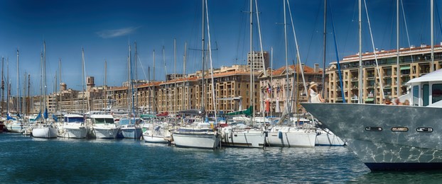 view of the vieux port (old port) in marseille, france, at sunny day.
