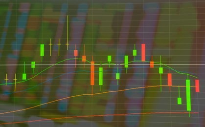 double exposure. technical price graph, candlestick chart and stock trading numeric data on computer screen background. economics future market, financial business crypto currency bitcoin background