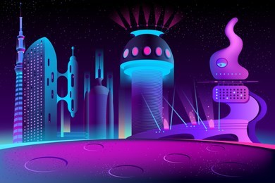 vector futuristic city on other planet, alien culture at night. bright glowing buildings in cartoon style, modern megapolis. urban skyscrapers in neon colors, town exterior, architecture background.