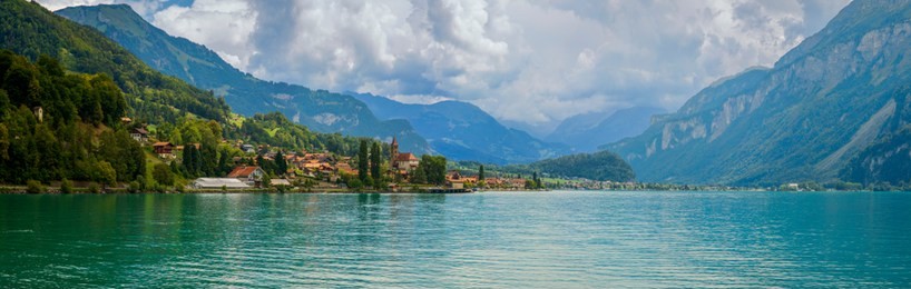 the lake located further north of interlaken, brienzersee in switzerland. located in a valley between mountains