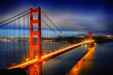 famous golden gate bridge, san francisco at night, usa