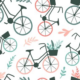 floral seamless pattern with bicycles and flowers. cute hand drawn illustration. spring vector background, surface, textures for textile, wallpaper, paper, web page