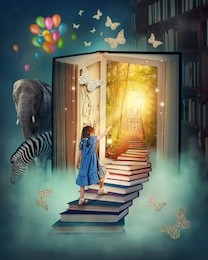 little girl walking up stairs to the magic book land