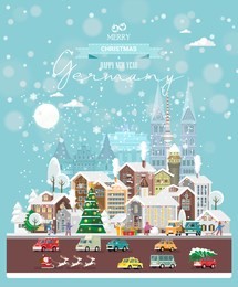 christmas wishes from germany. modern vector greeting card in flat style with snowflakes, winter city, decorations, cars and happy people.