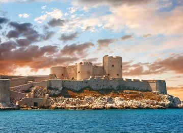 fantastic sunset over famous if castle, chateau d'if, marseille, france