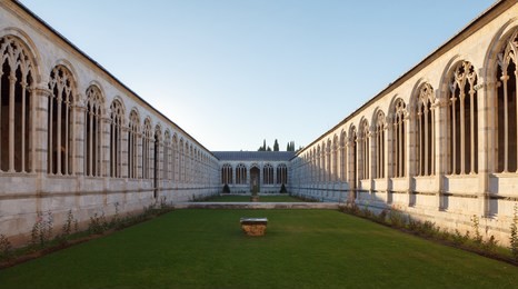 courtyard of campo santo, monumental cemetery in pisa, italy.
