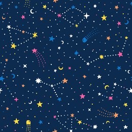 vector hand drawn night sky doodle seamless pattern with space stars, planets, comets.