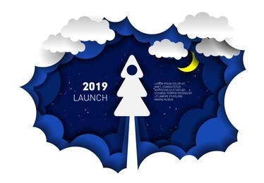 paper illustration of a rocket in the form of a christmas tree. paper-cut style. 2019 new year and christmas