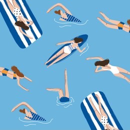 people swimming pattern. summer seamless background. summertime vector illustration with swimmers drawing.