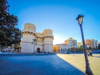 a photo of the medieval architecture of the exterior facade of the popular torres de serranos, which was one of the gates of the ancient of the city wall, christian wall, of valencia, in spain, europe