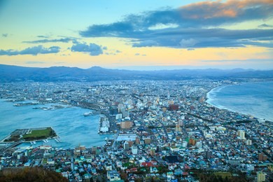 hakodate, hokkaido, japan on october 27,2018: fantastic views of hakodate city from mount hakodatein the evening. one of japan's three best night views.