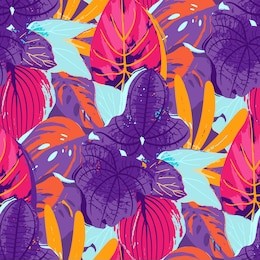 abstract seamless pattern of exotic leaves in vivid colors. bright vector design drawn in the technique of rough brush