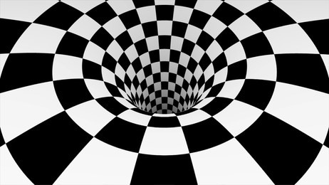 animated hypnotic tunnel with white and black squares. striped optical illusion three dimensional geometrical wormhole shape pattern motion graphics. optical illusion created by zoom in of black and