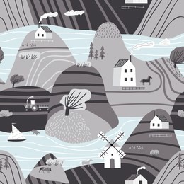 hand drawn vector abstract scandinavian graphic illustration seamless pattern with house,trees and mountains. nordic nature landscape concept. perfect for kids fabric, textile, nursery wallpaper.