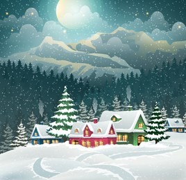 evening village winter landscape with snow covered houses and mountains. christmas holidays vector illustration