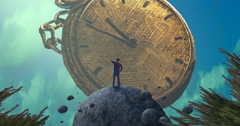 2d illustration. abstract dreamlike motivational image. illustration of person being in a dream in imaginary world. time clock.