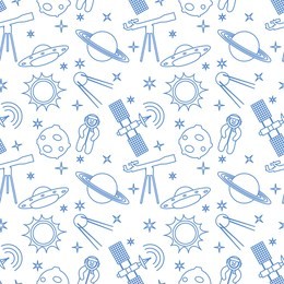 seamless pattern with telescope, ufo, satellite, planets, astronaut, orbital station, sun, stars. space exploration. astronomy. science.