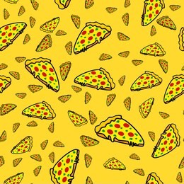 abstract seamless pizza pattern for girls or boys. creative vector background with italian pizza, tomatoes, . funny wallpaper for textile and fabric. fashion pizza style. colorful bright picture