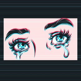 vector hand drawn illustration of crying eyes. digital glitch effect.