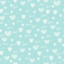 endless blue romantic simple pattern. seamless texture with doodle hearts and notes. template for design textile, backgrounds, wrapping paper, package, greeting cards