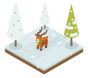 cartoon deer walking winter wood forest isometric flat 3d design vector illustration
