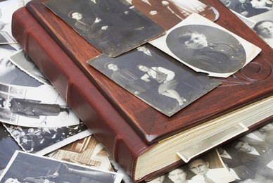 close up of an album and ancient family photos