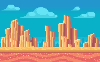 pixel art desert at day. seamless background. vector illustration.