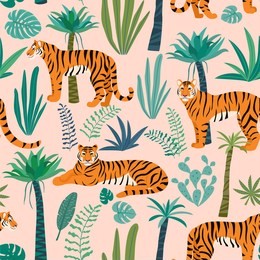 tiger pattern with tropical leaves. vector seamless texture.