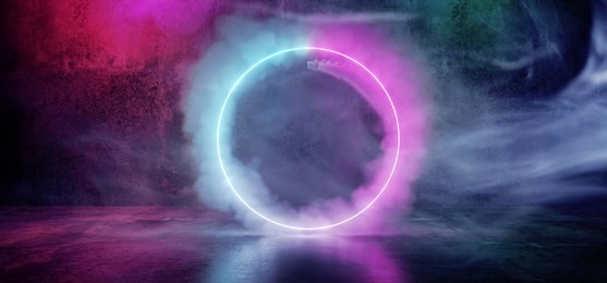 sci fi modern futuristic smoke neon circle shaped tube gradient purple pink blue glow light in dark grunge concrete empty room reflection background 3d rendering illustration