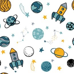 childish seamless pattern. hand drawn space elements space, rocket, star, planet, space probe. trendy kids vector illustration for wrapping, poster, web design, kids fabric, textile, nursery wallpaper