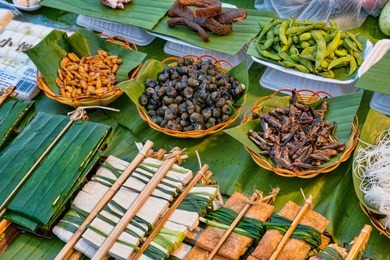 closeup view of exotic night market street food in southern china. dai ethnic cuisine. table with various bowls of snails, insects, and worms in jinghong, xishuangbanna, yunnan province, china.