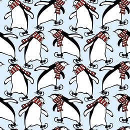 vector seamless pattern with hand drawn cute penguins skating on ice in striped scarfs. ink drawing, funny illustration, beautiful animal design elements.