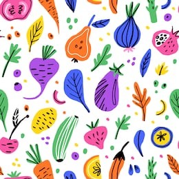 fruits and vegetables flat hand drawn seamless pattern. healthy nutrition cartoon texture. organic food scandinavian illustrations. diet sketch color cliparts. kitchen textile, background vector fill