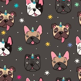 doggicorn. cute pugs and french bulldogs with unicorn horn. hand drawn colored vector seamless pattern. dark background
