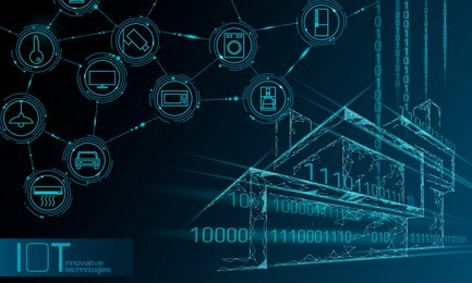 internet of things low poly smart city 3d wire mesh. intelligent building automation iot concept. modern wireless online control icon urban cityscape technology banner vector illustration