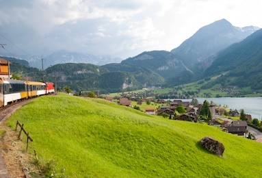 i take pictures of the town of brienz in a train to interlaken, switzerland.