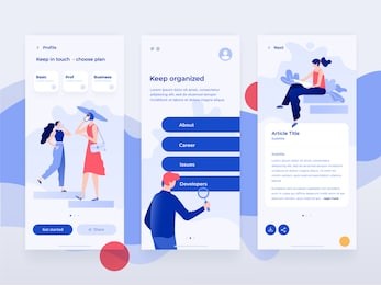people work and interacting with graphs, shapes and devices. data analysis and office situations. flat vector illustration. mobile application template.